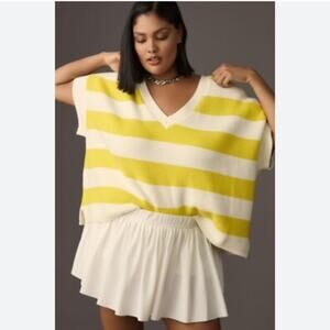 Anthropologie Maeve V Neck Sweater Tee XL Oversized Striped Chartreuse Yellow